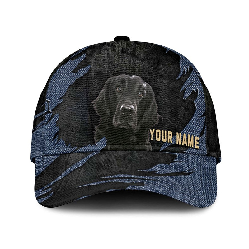 Flat Coated Retriever Jean Background Custom Name & Photo Dog Cap - Classic Baseball Cap All Over Print - Gift For Dog Lovers 1.jpg