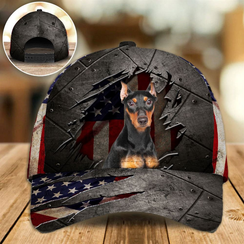 German Pinscher On The American Flag Cap Custom Photo - Hats For Walking With Pets - Gifts Dog Caps For Friends 1.jpg