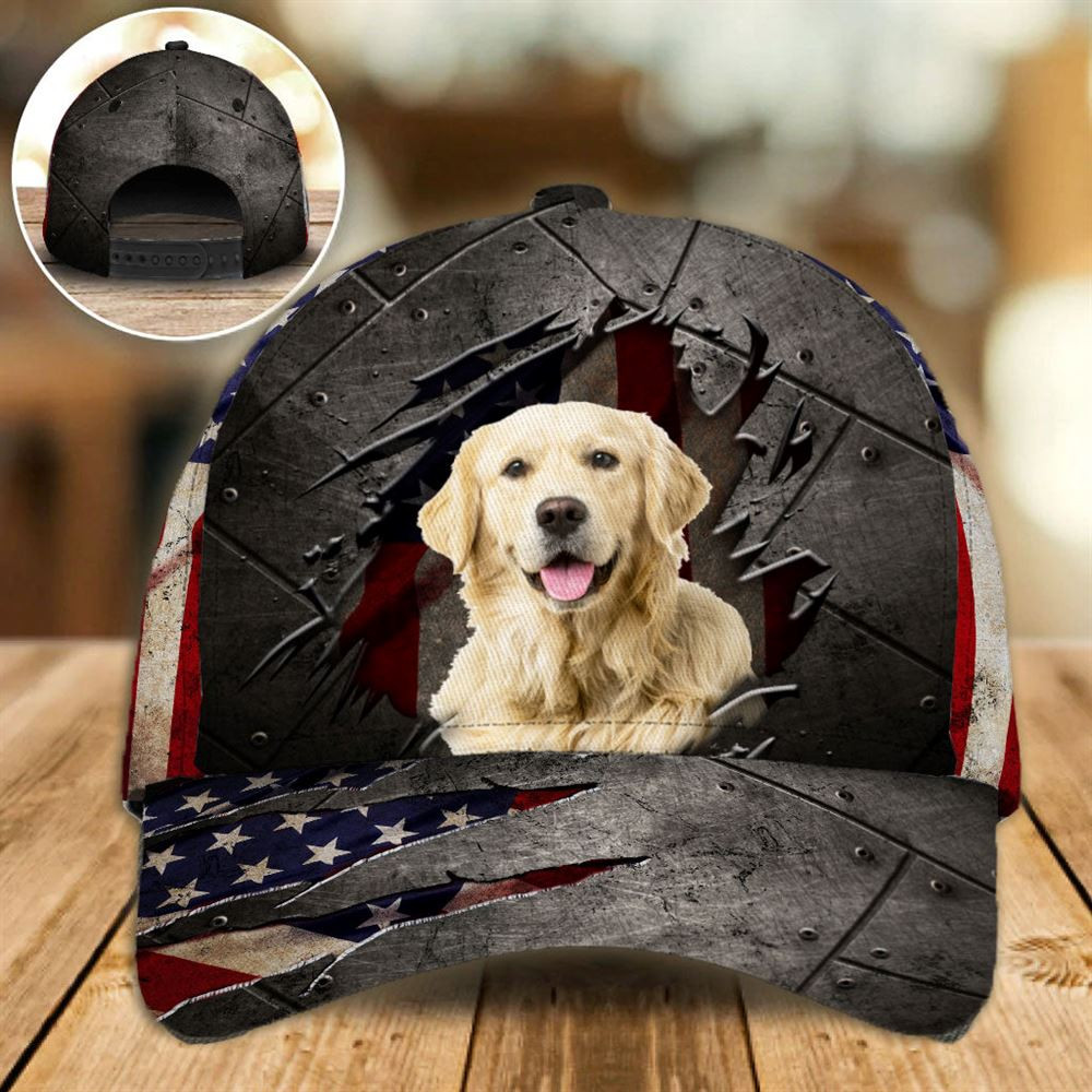 Golden Retriever On The American Flag Cap Custom Photo - Hats For Walking With Pets - Gifts Dog Hats For Relatives 1.jpg