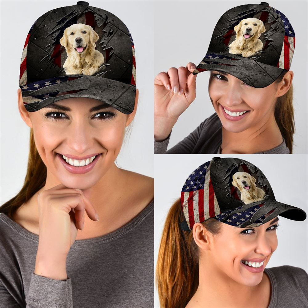Golden Retriever On The American Flag Cap Custom Photo - Hats For Walking With Pets - Gifts Dog Hats For Relatives 2.jpg