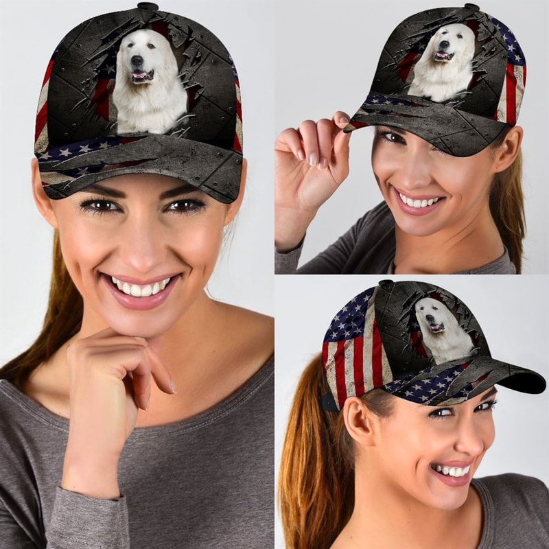 Great Pyrenees On The American Flag Cap Custom Photo - Hats For Walking With Pets - Gifts Dog Caps For Friends 2.jpg