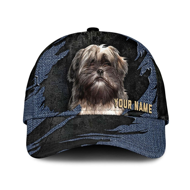 Lhasa Apso Jean Background Custom Name & Photo Dog Cap - Classic Baseball Cap All Over Print - Gift For Dog Lovers 1.jpg