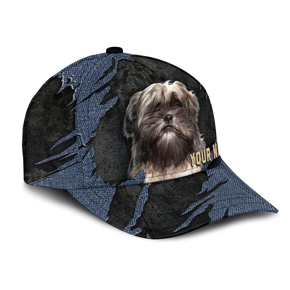Lhasa Apso Jean Background Custom Name & Photo Dog Cap - Classic Baseball Cap All Over Print - Gift For Dog Lovers 2.jpg