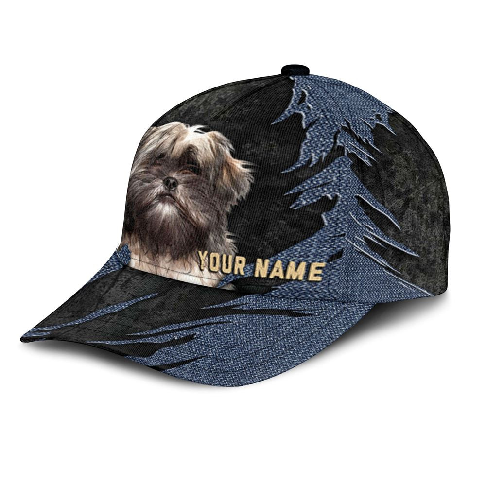 Lhasa Apso Jean Background Custom Name & Photo Dog Cap - Classic Baseball Cap All Over Print - Gift For Dog Lovers 3.jpg