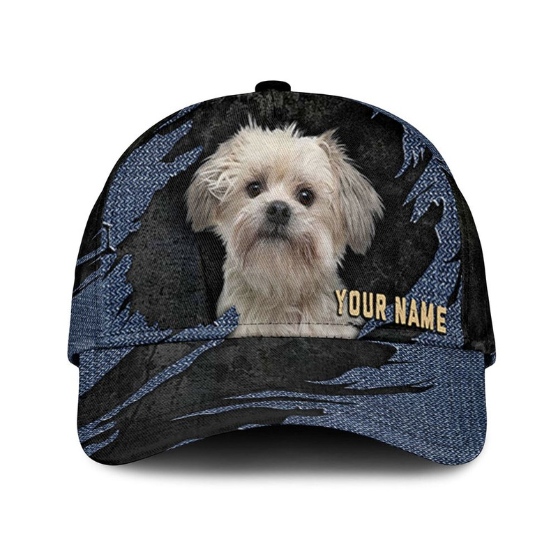 Little Lion Dog Jean Background Custom Name & Photo Dog Cap - Classic Baseball Cap All Over Print - Gift For Dog Lovers 1.jpg
