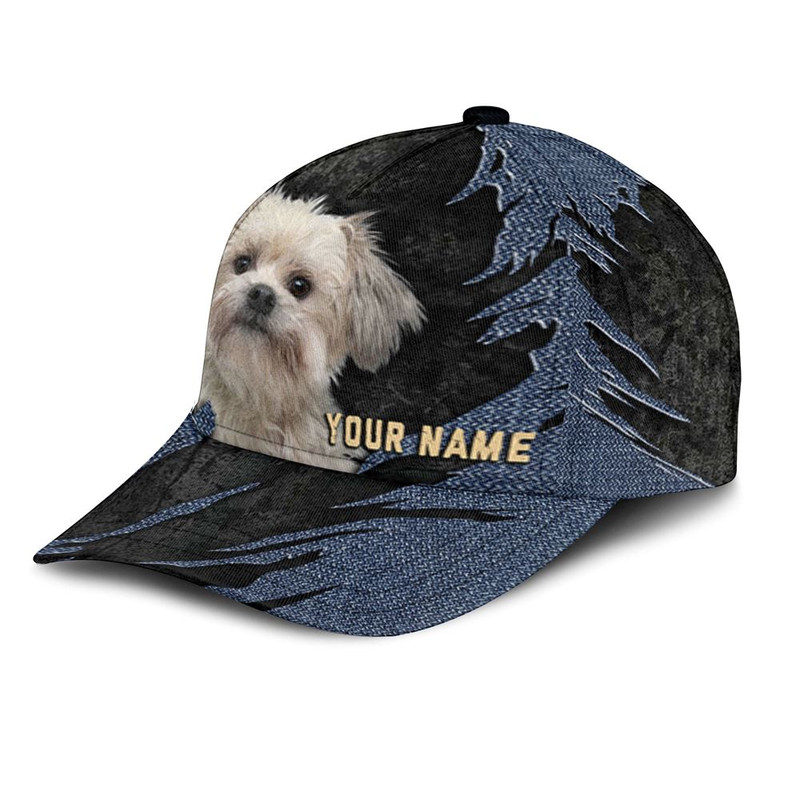Little Lion Dog Jean Background Custom Name & Photo Dog Cap - Classic Baseball Cap All Over Print - Gift For Dog Lovers 3.jpg