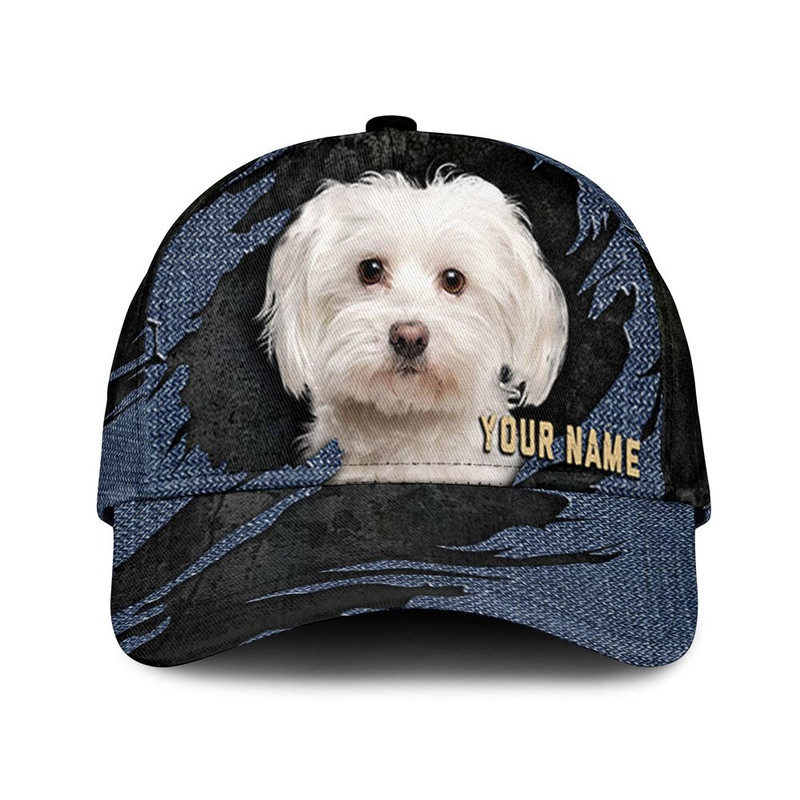 Maltese Jean Background Custom Name & Photo Dog Cap - Classic Baseball Cap All Over Print - Gift For Dog Lovers 1.jpg