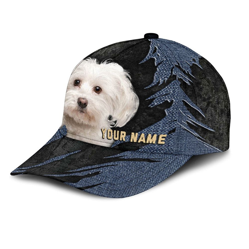 Maltese Jean Background Custom Name & Photo Dog Cap - Classic Baseball Cap All Over Print - Gift For Dog Lovers 3.jpg