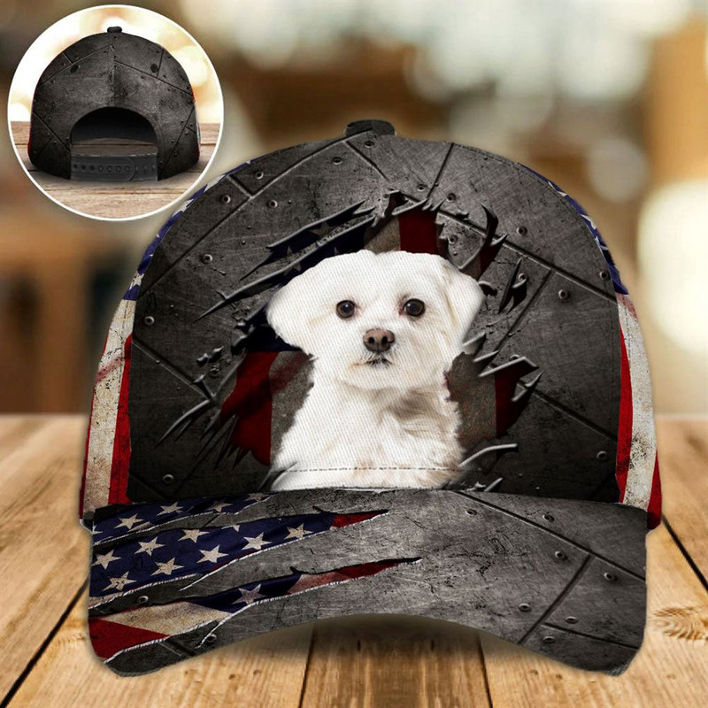 Maltese On The American Flag Cap Custom Photo - Hats For Walking With Pets - Gifts Dog Hats For Relatives 1.jpg
