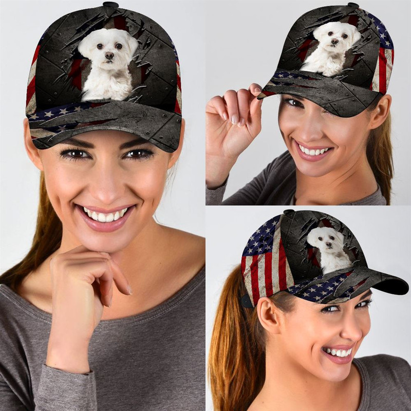 Maltese On The American Flag Cap Custom Photo - Hats For Walking With Pets - Gifts Dog Hats For Relatives 2.jpg