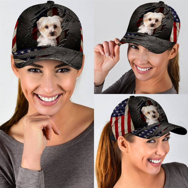 Morkie On The American Flag Cap Custom Photo - Hats For Walking With Pets - Gifts Dog Caps For Friends 2.jpg