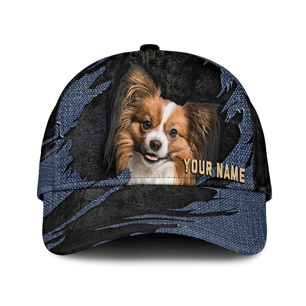 Papillon Dog Jean Background Custom Name & Photo Dog Cap - Classic Baseball Cap All Over Print - Gift For Dog Lovers 1.jpg
