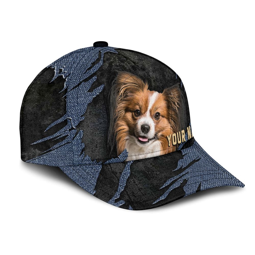 Papillon Dog Jean Background Custom Name & Photo Dog Cap - Classic Baseball Cap All Over Print - Gift For Dog Lovers 2.jpg