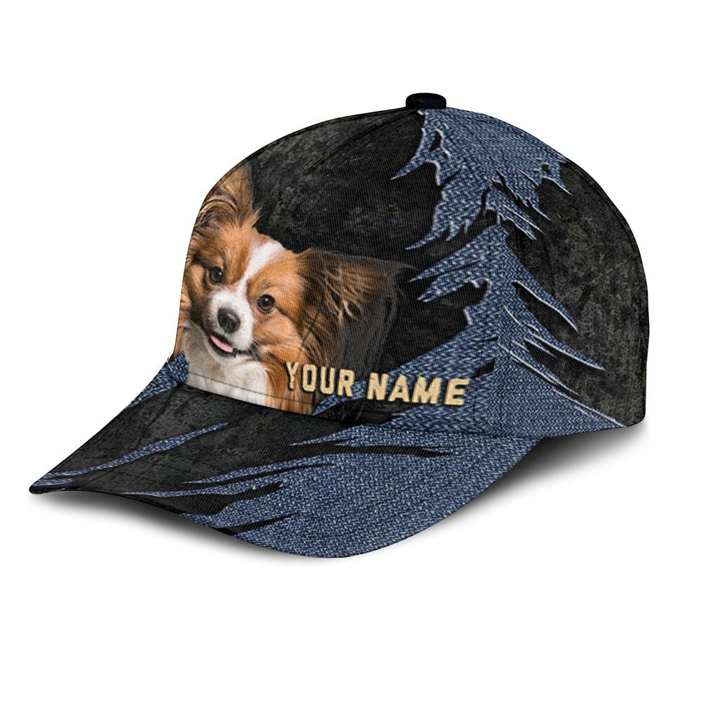 Papillon Dog Jean Background Custom Name & Photo Dog Cap - Classic Baseball Cap All Over Print - Gift For Dog Lovers 3.jpg