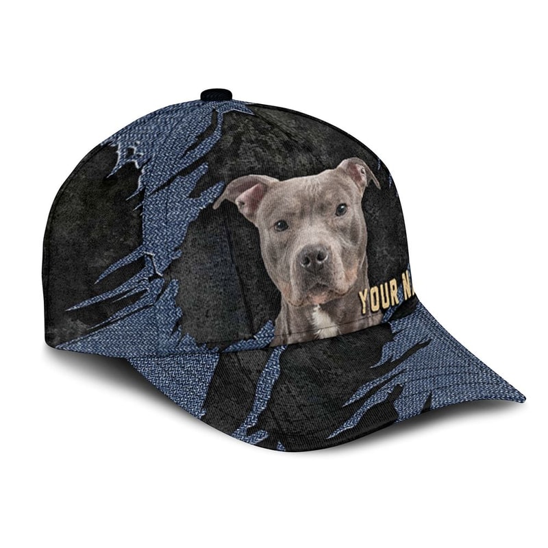 Pitbull Jean Background Custom Name & Photo Dog Cap - Classic Baseball Cap All Over Print - Gift For Dog Lovers 2.jpg