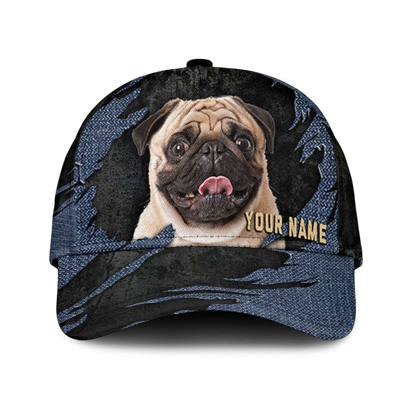 Pug Jean Background Custom Name & Photo Dog Cap - Classic Baseball Cap All Over Print - Gift For Dog Lovers 1.jpg