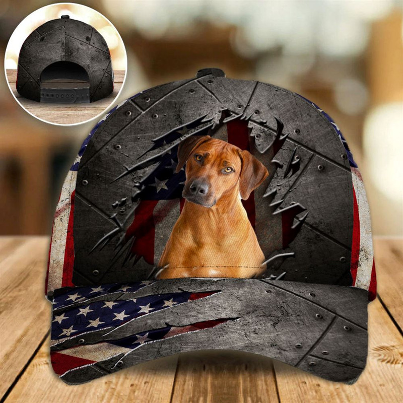 Rhodesian Ridgeback On The American Flag Cap Custom Photo - Hats For Walking With Pets - Gifts Dog Hats For Relatives 1.jpg