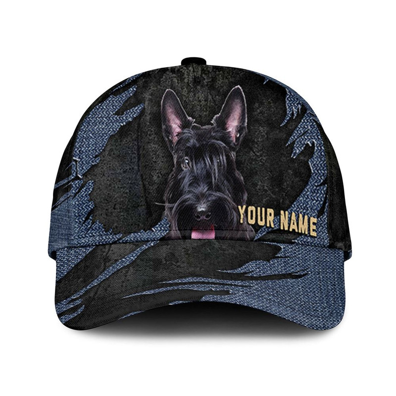 Scottish Terrier Jean Background Custom Name & Photo Dog Cap - Classic Baseball Cap All Over Print - Gift For Dog Lovers 1.jpg