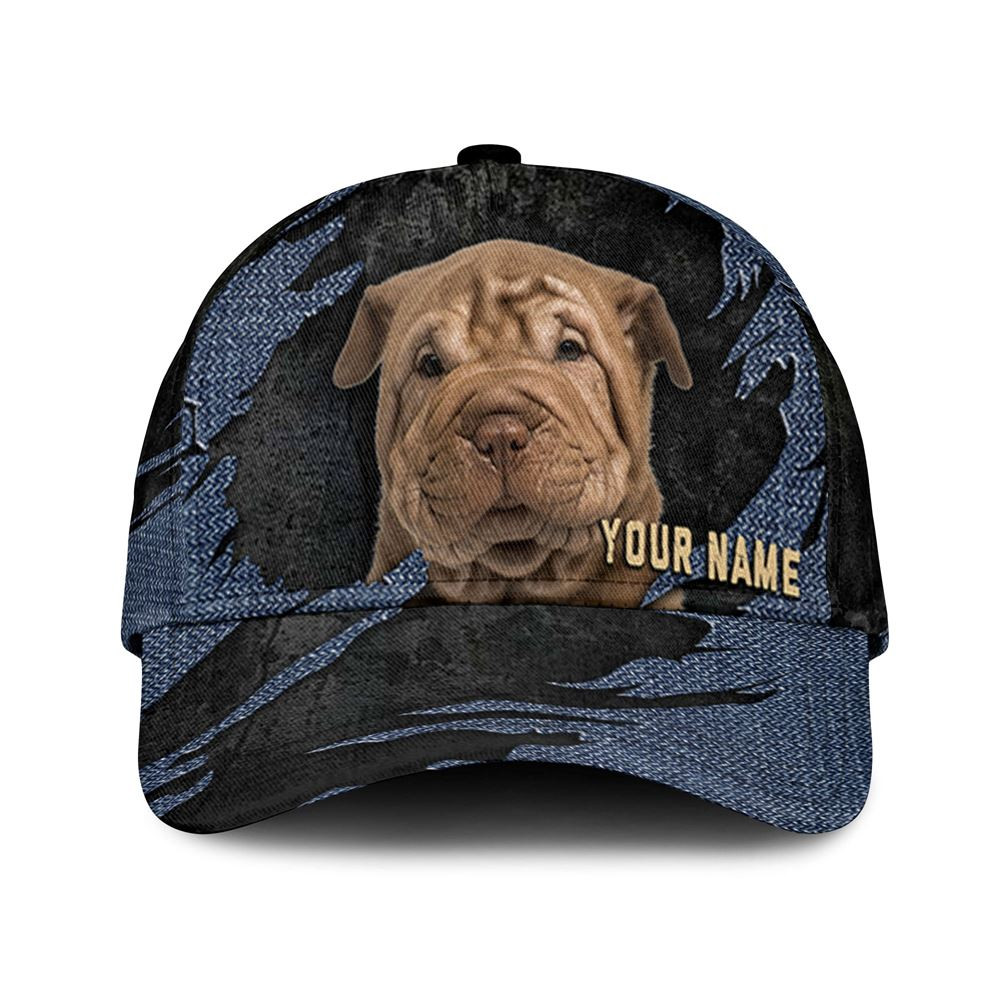 Shar Pei Jean Background Custom Name & Photo Dog Cap - Classic Baseball Cap All Over Print - Gift For Dog Lovers 1.jpg