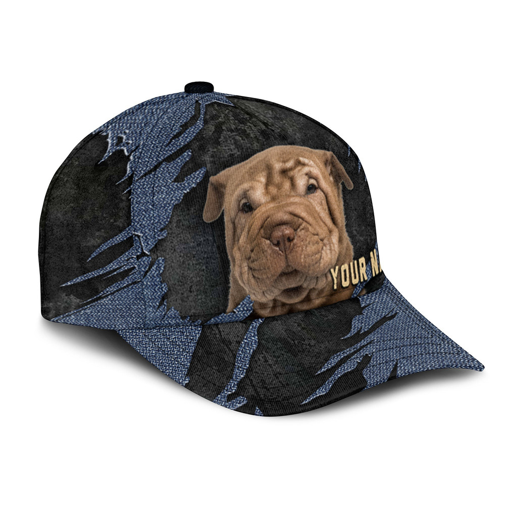 Shar Pei Jean Background Custom Name & Photo Dog Cap - Classic Baseball Cap All Over Print - Gift For Dog Lovers 2.jpg