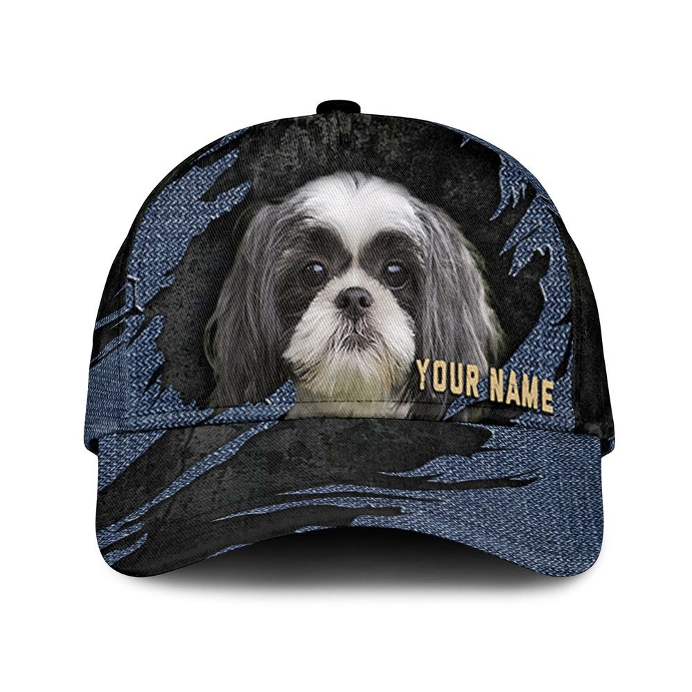 Shih Tzu Jean Background Custom Name & Photo Dog Cap - Classic Baseball Cap All Over Print - Gift For Dog Lovers 1.jpg
