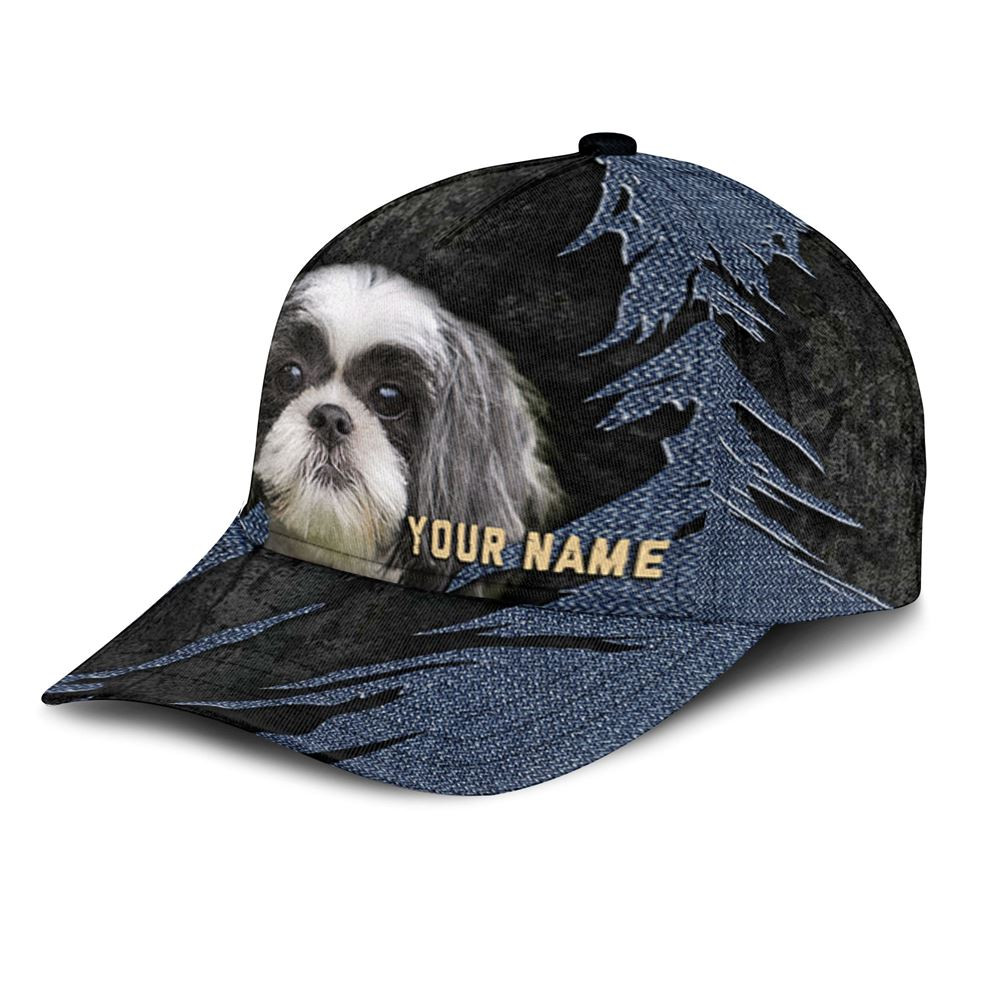 Shih Tzu Jean Background Custom Name & Photo Dog Cap - Classic Baseball Cap All Over Print - Gift For Dog Lovers 3.jpg