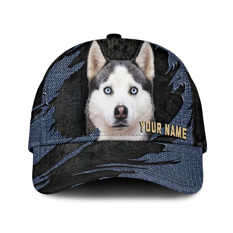 Siberian Husky Jean Background Custom Name & Photo Dog Cap - Classic Baseball Cap All Over Print - Gift For Dog Lovers 1.jpg