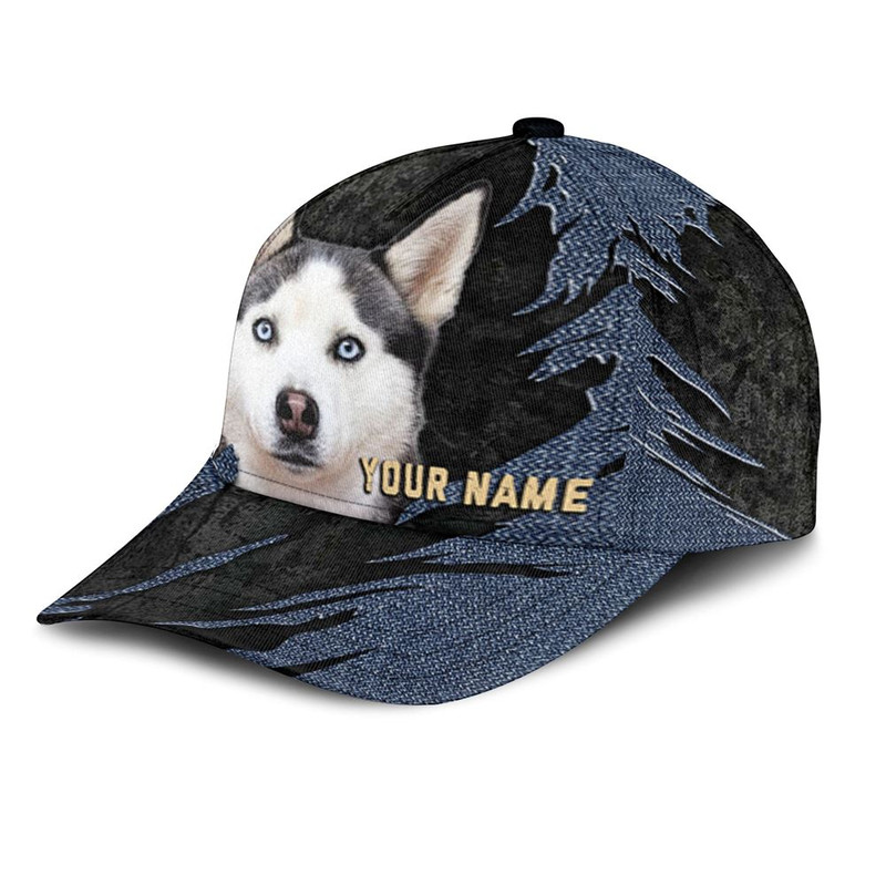 Siberian Husky Jean Background Custom Name & Photo Dog Cap - Classic Baseball Cap All Over Print - Gift For Dog Lovers 3.jpg