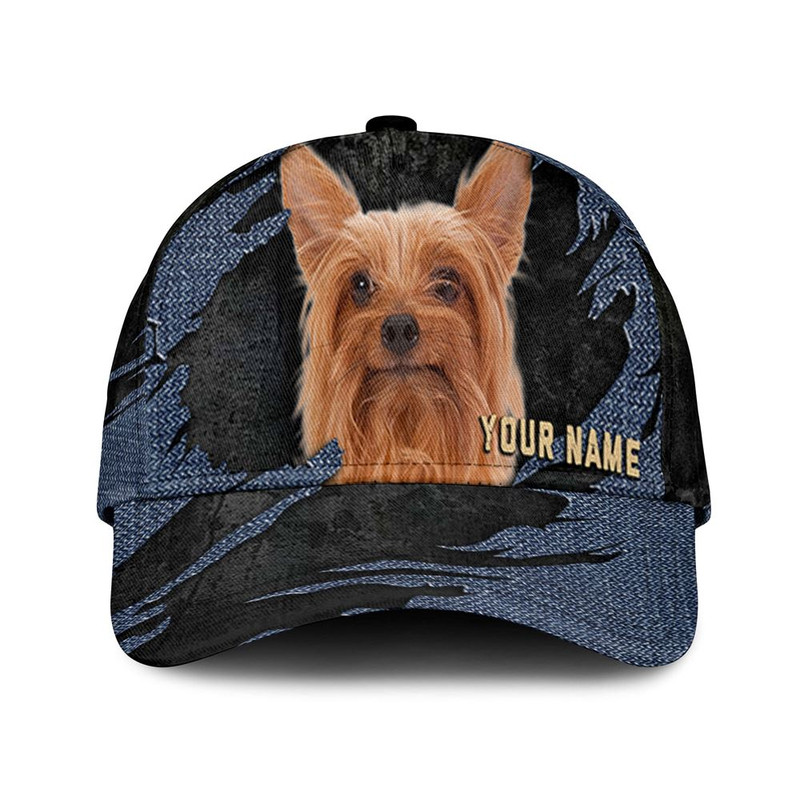 Silky Terrier Jean Background Custom Name & Photo Dog Cap - Classic Baseball Cap All Over Print - Gift For Dog Lovers 1.jpg