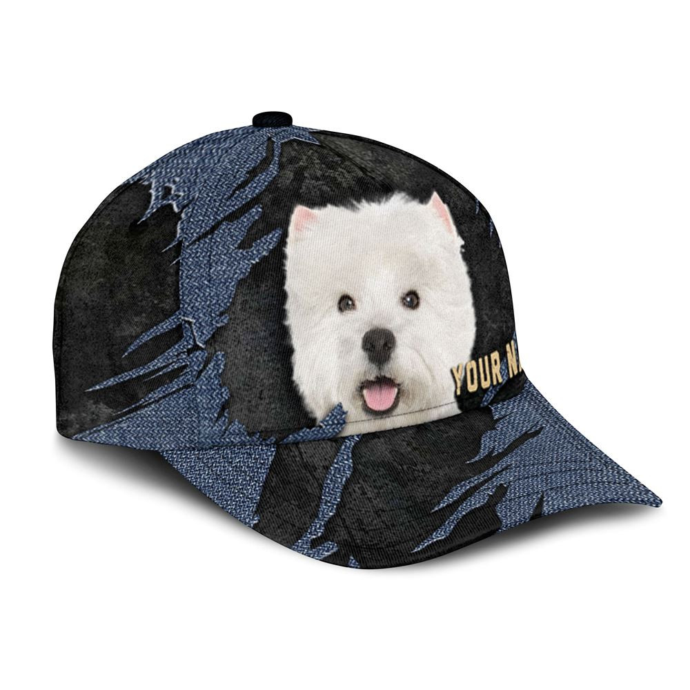 West Highland White Terrier Jean Background Custom Name & Photo Dog Cap - Classic Baseball Cap All Over Print - Gift For Dog Lovers 2.jpg