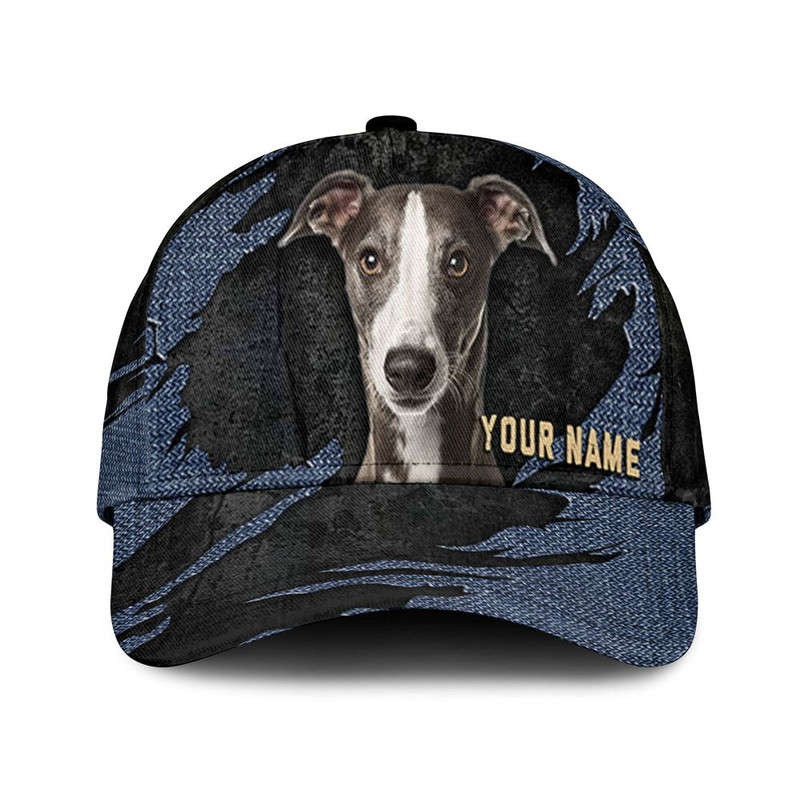 Whippet Jean Background Custom Name & Photo Dog Cap - Classic Baseball Cap All Over Print - Gift For Dog Lovers 1.jpg