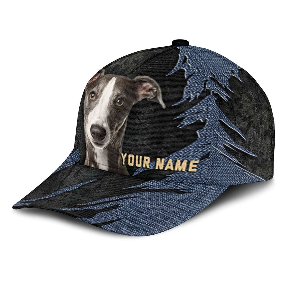 Whippet Jean Background Custom Name & Photo Dog Cap - Classic Baseball Cap All Over Print - Gift For Dog Lovers 3.jpg