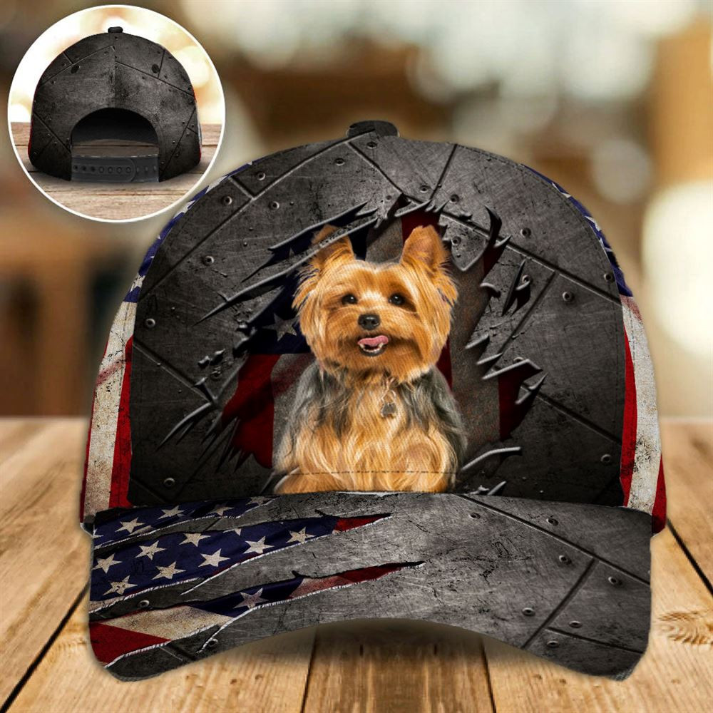 Yorkshire Terrier On The American Flag Cap Custom Photo - Hat For Going Out With Pets - Gifts Dog Hats For Relatives 1.jpg