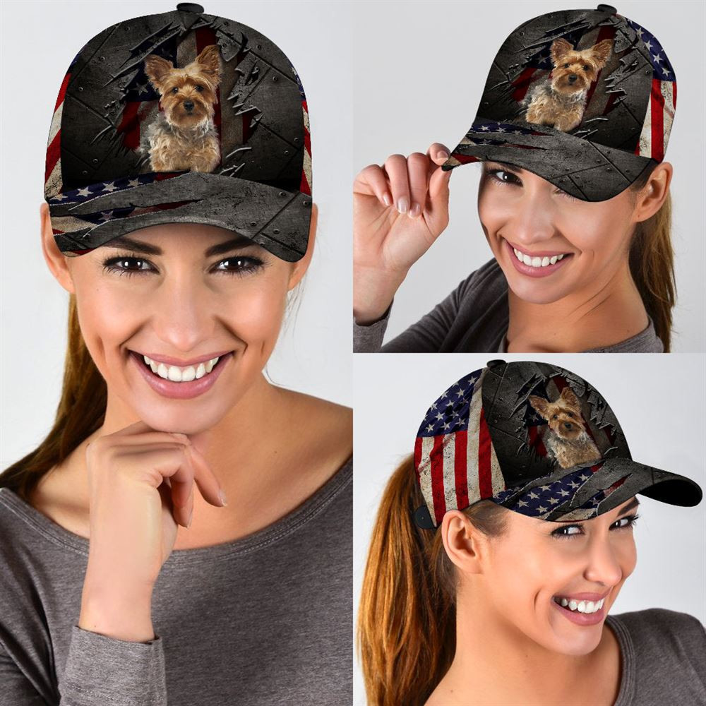Yorkshire Terrier On The American Flag On The American Flag Cap Custom Photo - Hat For Going Out With Pets - Gifts Dog Caps For Relatives 2.jpg