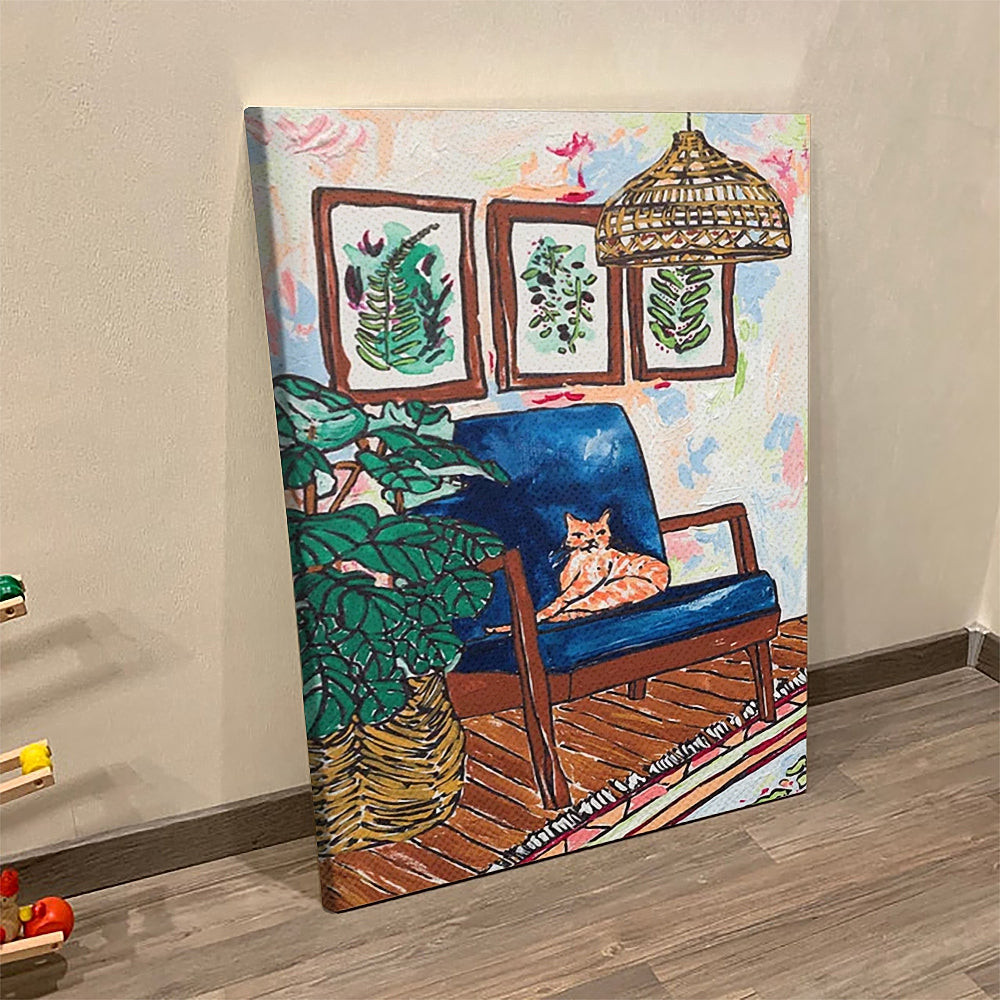 Cat Portrait Canvas - Ginger Cat On Blue Mid Century Chair - Painting Canvas Print - Cat Wall Art Canvas - Furlidays.jpg