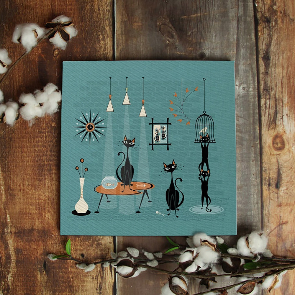 Cat Square Canvas - Cat Wall Art Canvas - Mid Century Kitty Mishchief - Cats Canvas Print - Canvas With Cats On It - Furlidays.jpg