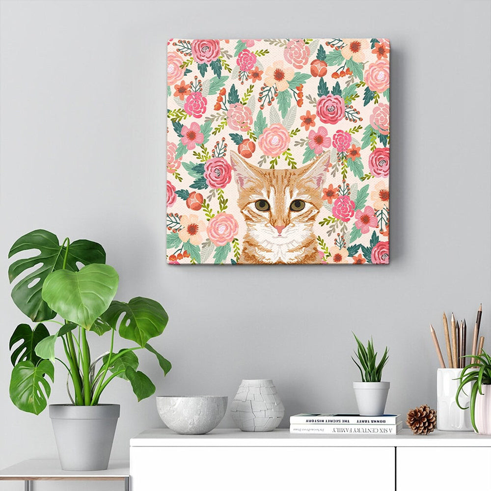 Cat Square Canvas - Orange Tabby Floral Cat - Canvas Print - Cat Wall Art Canvas - Cat Canvas - Cat Poster Printing - Furlidays.jpg