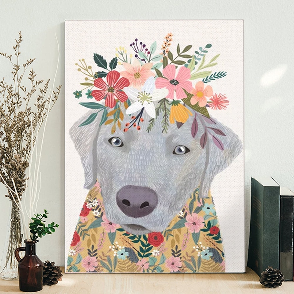 Dog Portrait Canvas - Silver Labrador With Flowers - Dog Wall Art Canvas - Dog Canvas Print - Dog Painting Posters - Furlidays.jpg