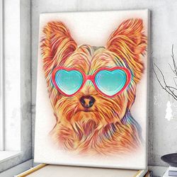 dog portrait canvas, yorkshire terrier colorful yorkie neon dog sunglasses canvas print, dog poster printing