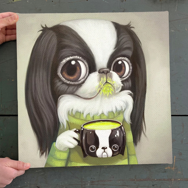 Dog Square Canvas - Dog Wall Art Canvas - Japanese Chin Sips Matcha Latte - Canvas Print - Furlidays.jpg