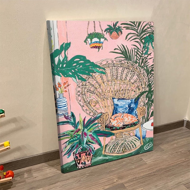 Cat Portrait Canvas - Cat Painting Posters - Ginger Cat In Peacock Chair With Indoor Jungle Of House Plants - Painting Canvas Print - Furlidays.jpg