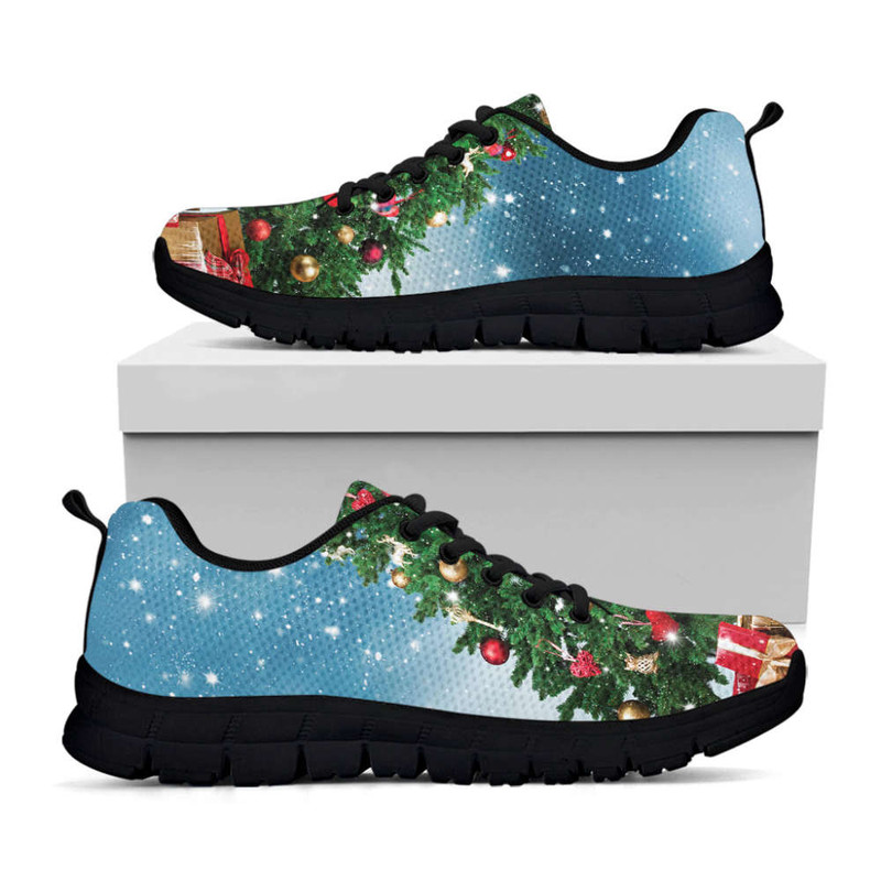 Christmas Tree And Snow Print Black Running Shoes, Gift For Men And Women.jpg