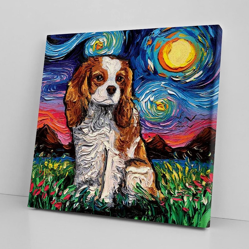 Dog Square Canvas - Cavalier King Charles Spaniel Night - Canvas Print - Dog Wall Art Canvas - Furlidays.jpg