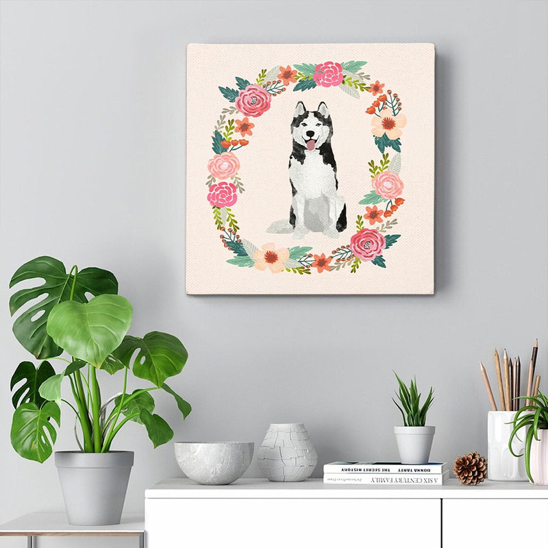 Dog Square Canvas - Husky Floral Wreath Spring - Canvas Print - Canvas With Dogs On It - Dog Canvas Art - Furlidays.jpg