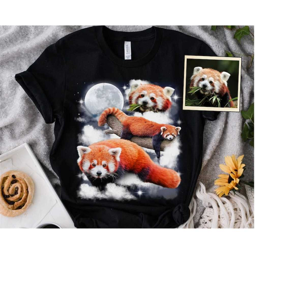 Cute Red Panda With Moon Custom Your Own Photo Unisex T-shirt, Personalized Pet Space Watercolor Portrait Tee, Funny Pan.jpg