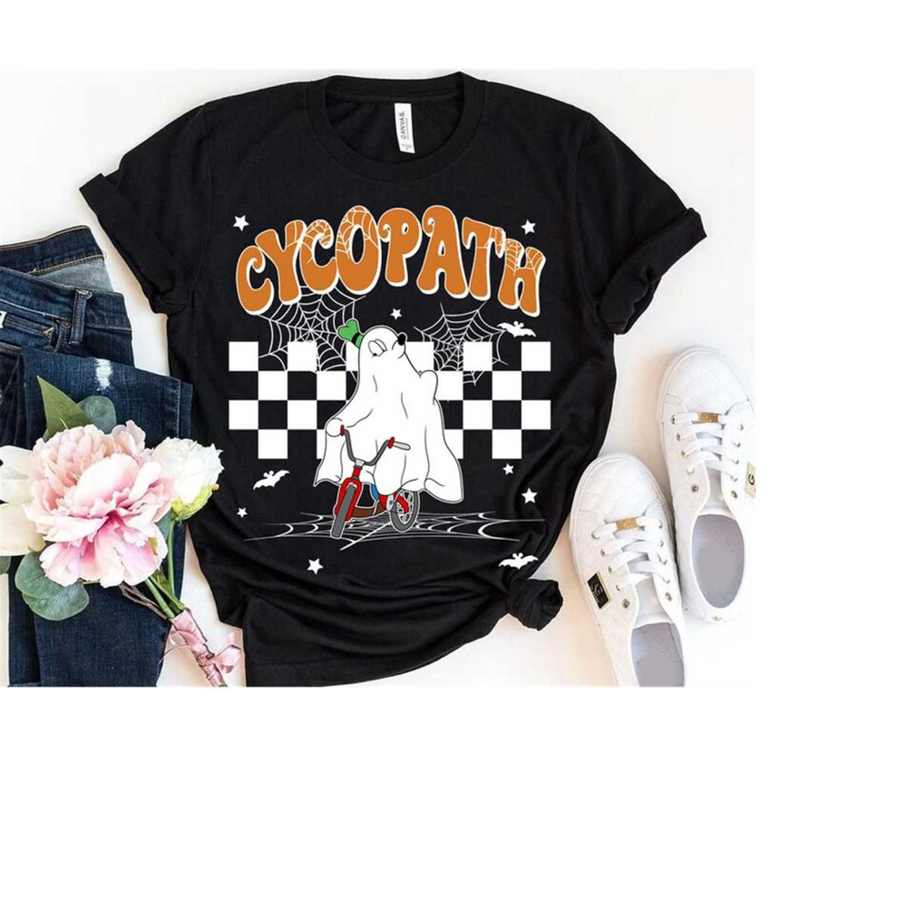 Cycopath Goofy Boo Riding Bicycle Checkerboard Shirt, Disneyland Halloween Matching Family Shirts, Mickey's Not So Scary.jpg