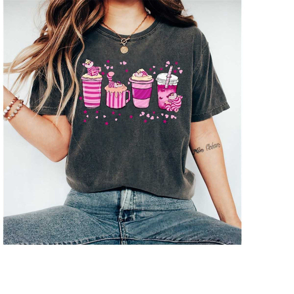 Cute Cheshire Cat Coffee Drink Cups Shirt, Alice in Wonderland Shirt, Coffee Latte Line Shirt, WDW Matching Family Shirt.jpg