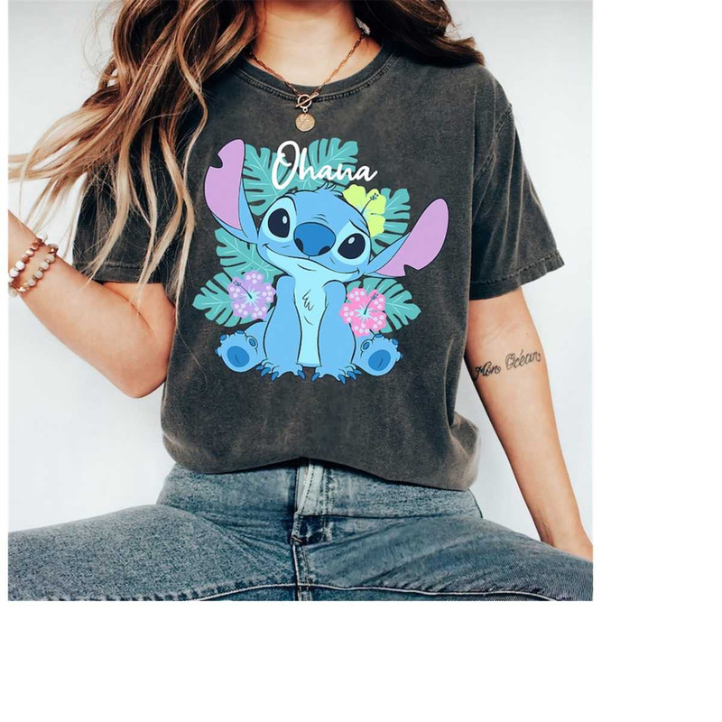Disney Lilo & Stitch Ohana Adorable Pose Floral Logo T-Shirt, Stitch Shirt, WDW Disneyland Trip Gift, Matching Family Sh.jpg