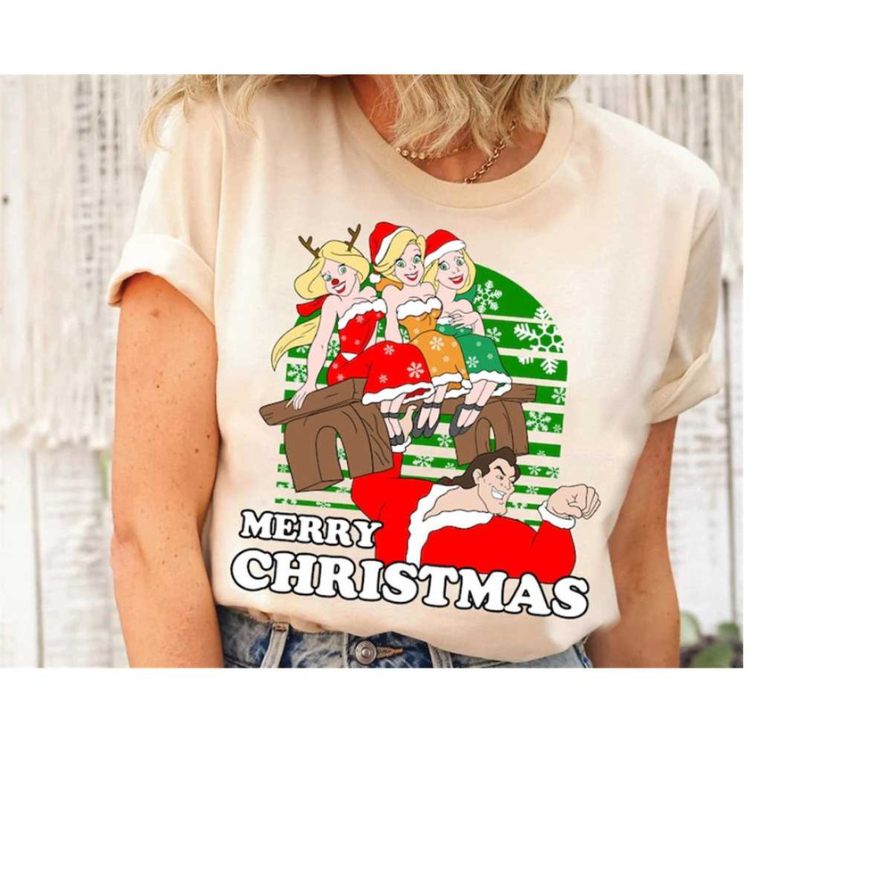 Merry Christmas Gaston And Girls Christmas Lights Outfits Shirt, Beauty and The Beast Xmas Shirt, Disneyland Christmas F.jpg
