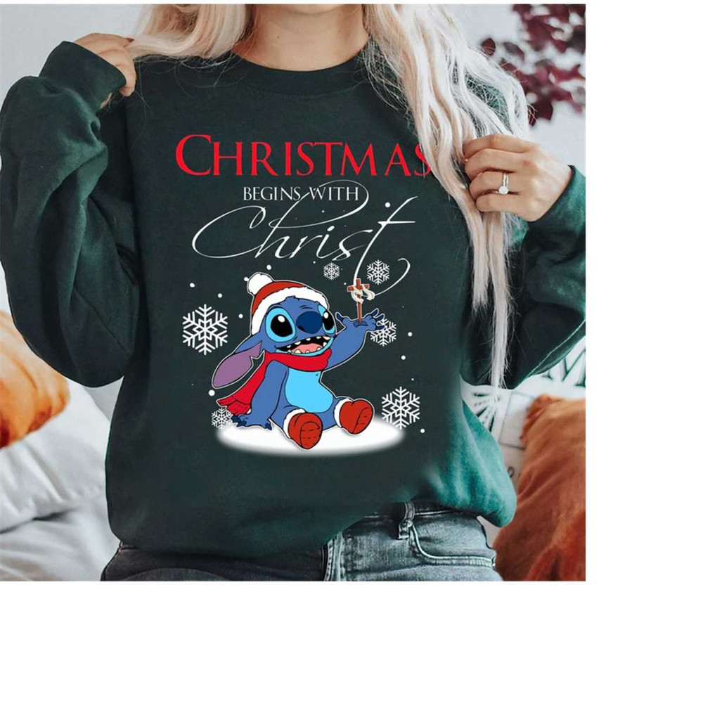 Disney Santa Stitch Christmas Begins With Christ Shirt, Lilo and Stitch Christmas Shirt, Disneyland Christmas Squad Swea.jpg